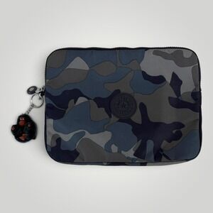 Kipling Tablet Sleeve Blue Camo Nylon Pouch Monkey Keychain K11252-4LT